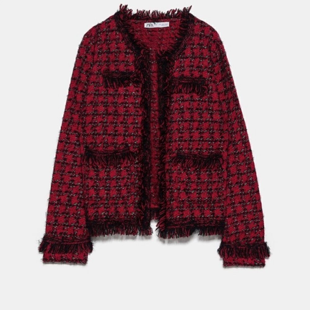 ZARA Cherry Red Black Plaid Houndstooth Check Tweed Boucle Fringe Jacket Blazer